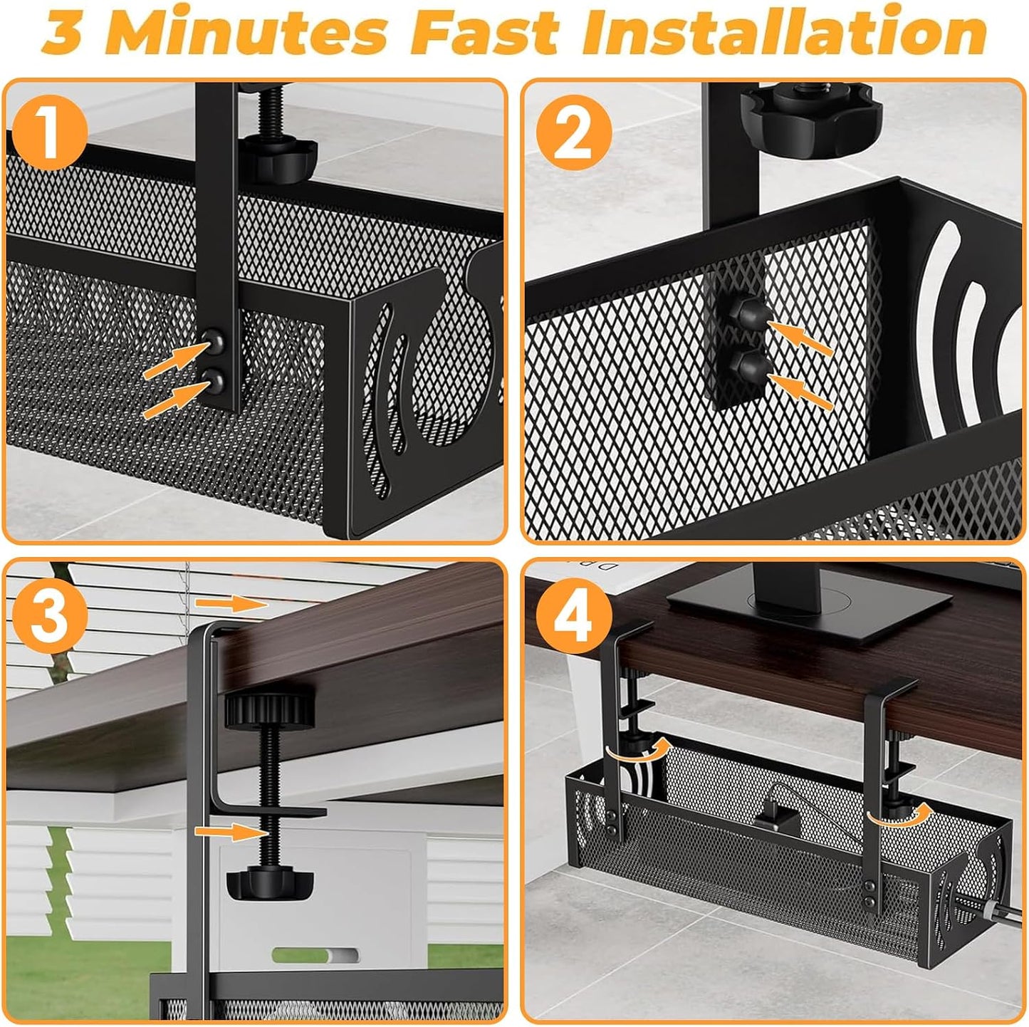 No-Drill Under-Desk Cable Tray | Clamp-On Steel Cable Management