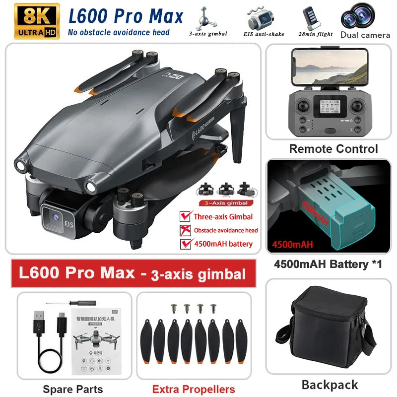 Experience Unmatched Aerial Adventure with the L600 PRO MAX/PRO GPS Drone - 5KM Range, Dual 4K HD Cameras, 3-Axis Gimbal, and 360° Obstacle Avoidance!