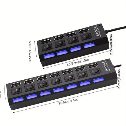 High-Speed 4/7 Ports USB Hub 2.0 Adapter - Multi USB Splitter with LED Lamp Switch for Effortless Connectivity on PC and Laptop