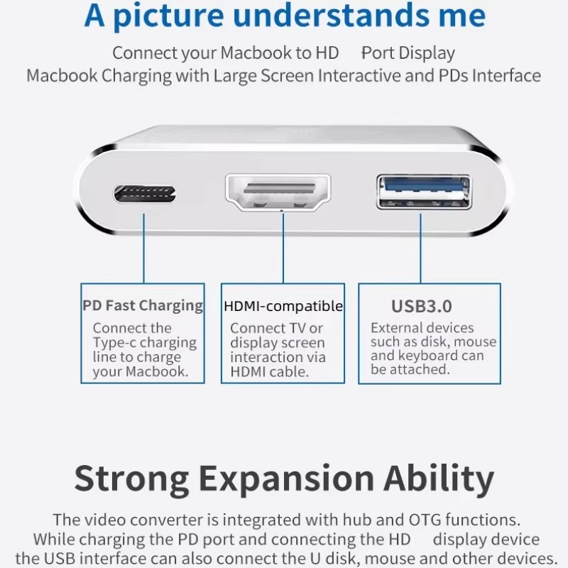 Ultimate 3-in-1 USB-C Hub: HDMI-Compatible 4K Adapter & Fast Charger for MacBook Air 12