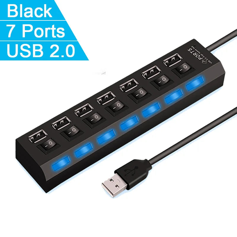 High-Speed 4/7 Ports USB Hub 2.0 Adapter - Multi USB Splitter with LED Lamp Switch for Effortless Connectivity on PC and Laptop