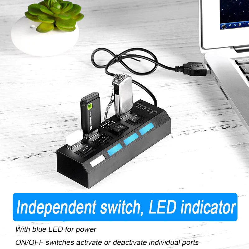 High-Speed 4/7 Ports USB Hub 2.0 Adapter - Multi USB Splitter with LED Lamp Switch for Effortless Connectivity on PC and Laptop
