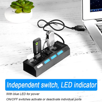 High-Speed 4/7 Ports USB Hub 2.0 Adapter - Multi USB Splitter with LED Lamp Switch for Effortless Connectivity on PC and Laptop