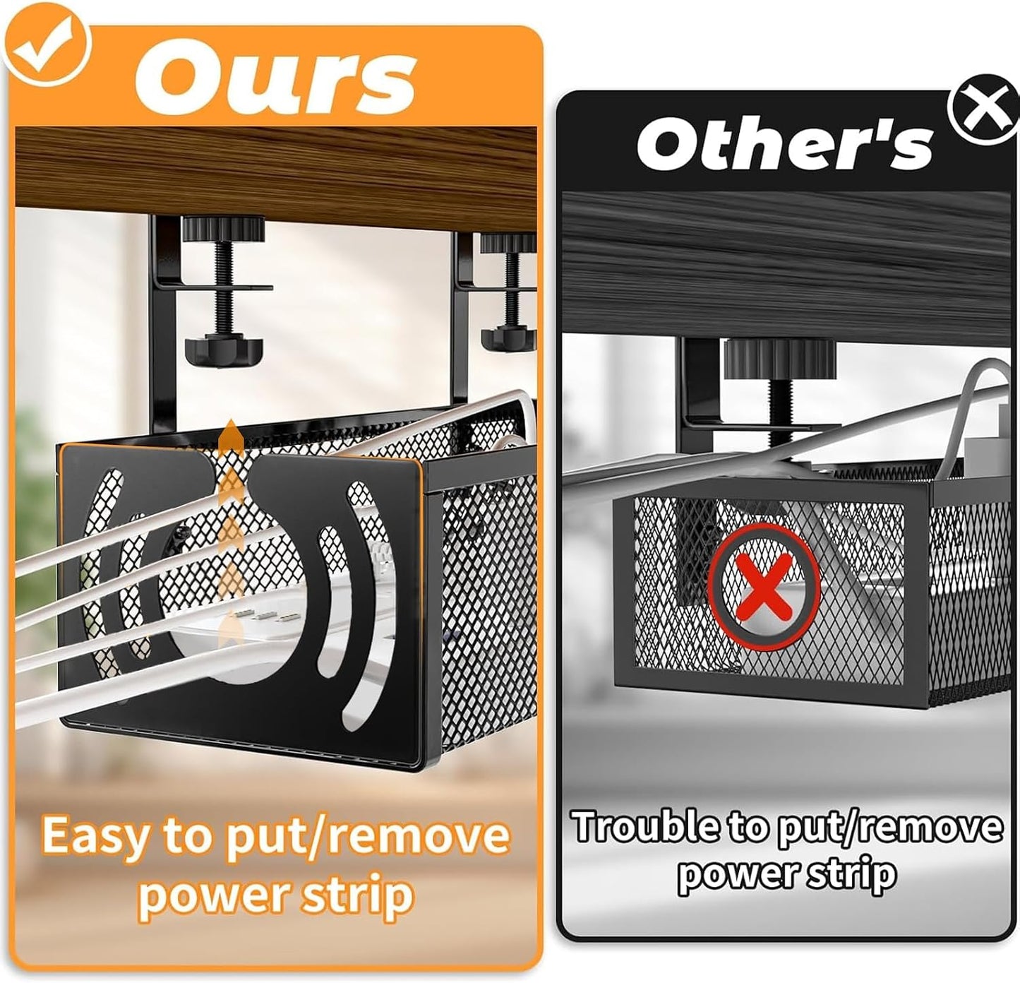 No-Drill Under-Desk Cable Tray | Clamp-On Steel Cable Management