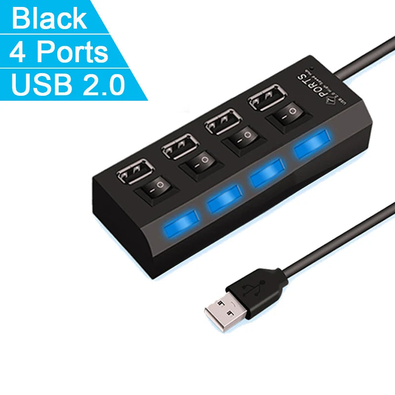 High-Speed 4/7 Ports USB Hub 2.0 Adapter - Multi USB Splitter with LED Lamp Switch for Effortless Connectivity on PC and Laptop