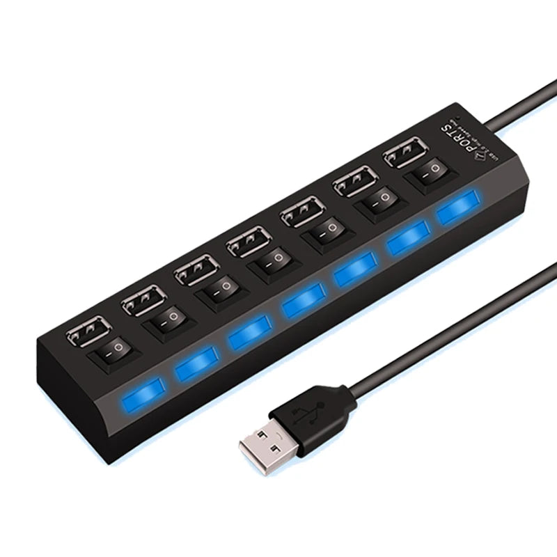High-Speed 4/7 Ports USB Hub 2.0 Adapter - Multi USB Splitter with LED Lamp Switch for Effortless Connectivity on PC and Laptop