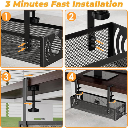 No-Drill Under-Desk Cable Tray | Clamp-On Steel Cable Management