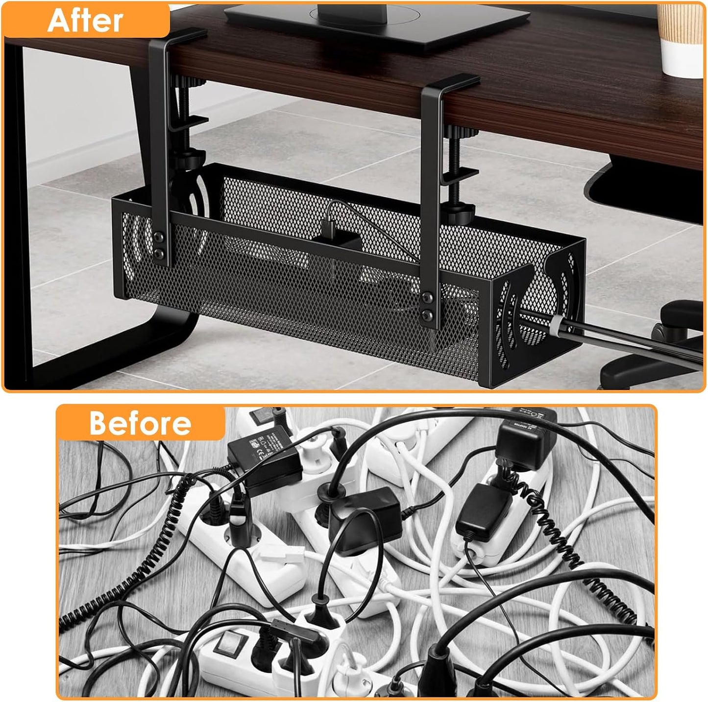 No-Drill Under-Desk Cable Tray | Clamp-On Steel Cable Management