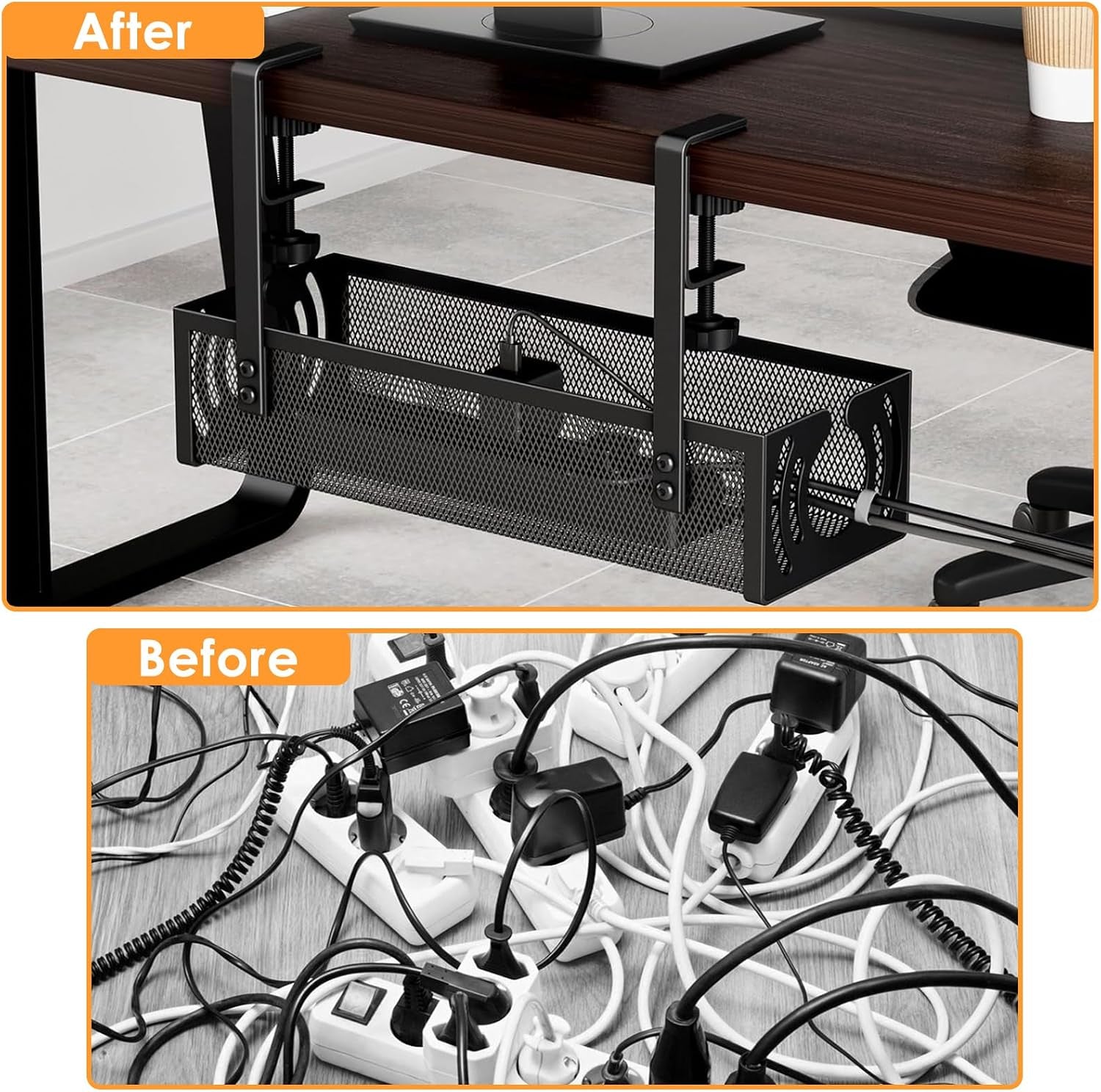 No-Drill Under-Desk Cable Tray | Clamp-On Steel Cable Management