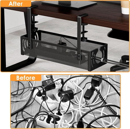 No-Drill Under-Desk Cable Tray | Clamp-On Steel Cable Management