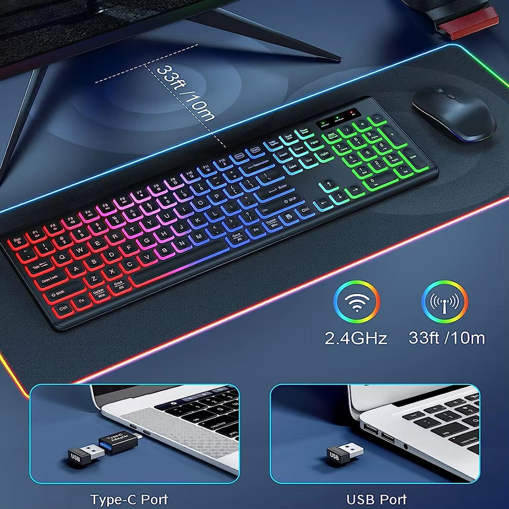 Experience Ultimate Comfort and Style with the 2.4G Wireless RGB Backlit Keyboard Mouse Combo - Ergonomic Full-Size Rechargeable Set