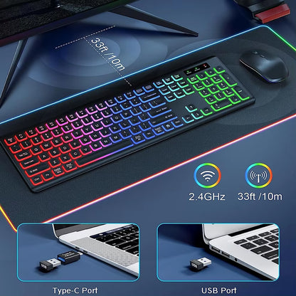 Experience Ultimate Comfort and Style with the 2.4G Wireless RGB Backlit Keyboard Mouse Combo - Ergonomic Full-Size Rechargeable Set