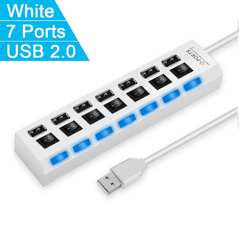 High-Speed 4/7 Ports USB Hub 2.0 Adapter - Multi USB Splitter with LED Lamp Switch for Effortless Connectivity on PC and Laptop
