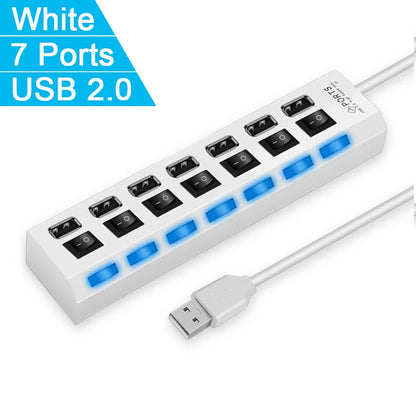 High-Speed 4/7 Ports USB Hub 2.0 Adapter - Multi USB Splitter with LED Lamp Switch for Effortless Connectivity on PC and Laptop