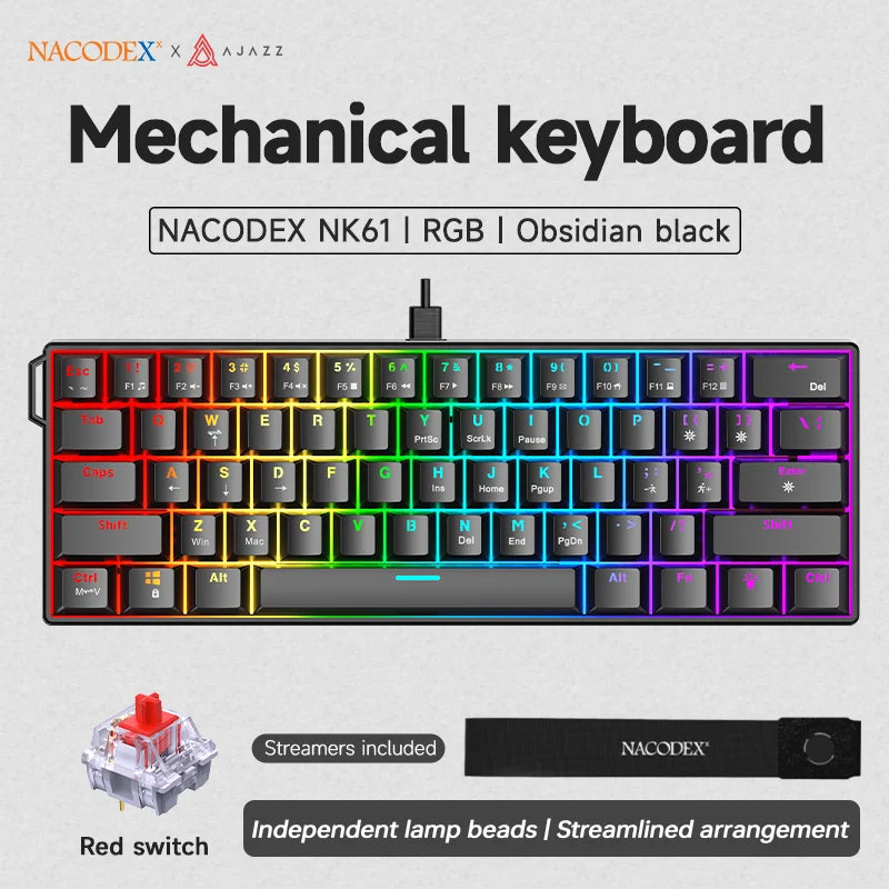 Experience Gaming Excellence with the NK61 Wired Mechanical Keyboard - 60% RGB Hot-Swappable Red Switch Mini Keyboard for Ultimate PC Performance
