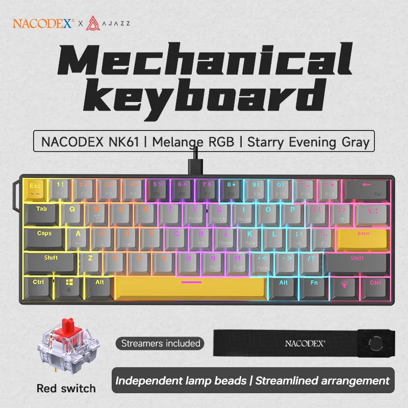 Experience Gaming Excellence with the NK61 Wired Mechanical Keyboard - 60% RGB Hot-Swappable Red Switch Mini Keyboard for Ultimate PC Performance