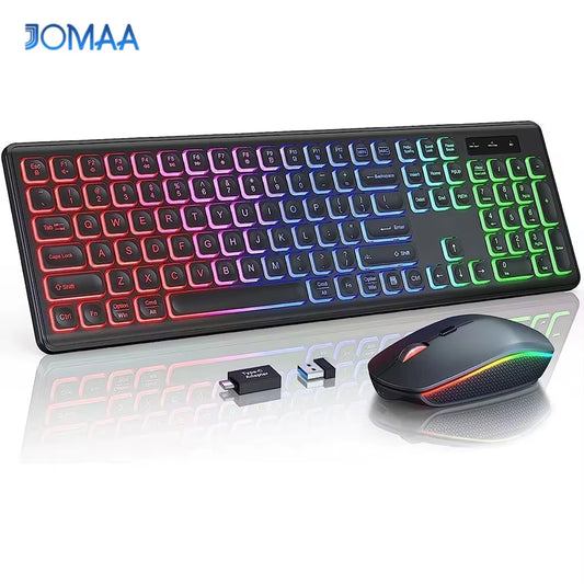 Experience Ultimate Comfort and Style with the 2.4G Wireless RGB Backlit Keyboard Mouse Combo - Ergonomic Full-Size Rechargeable Set