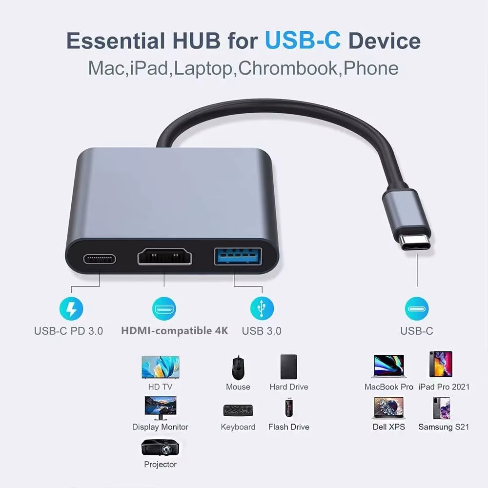 Ultimate 3-in-1 USB-C Hub: HDMI-Compatible 4K Adapter & Fast Charger for MacBook Air 12