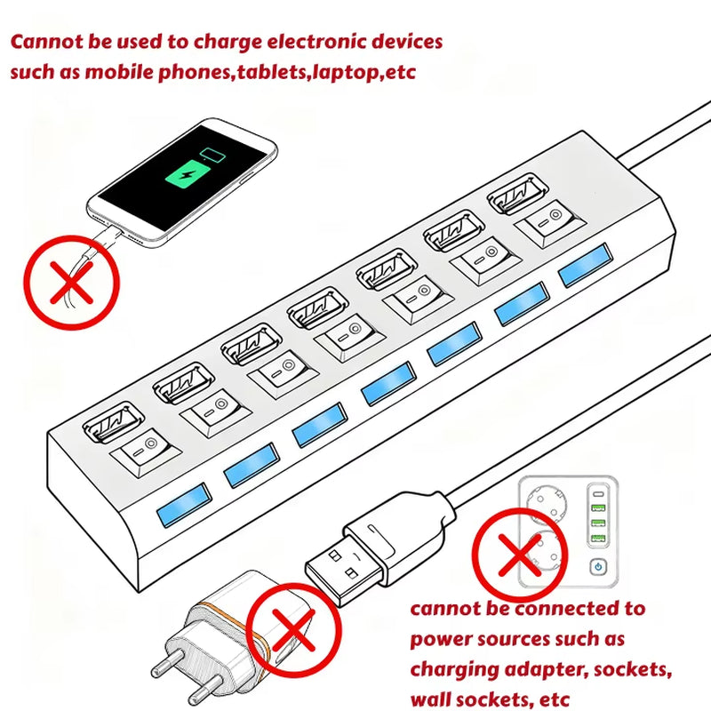 High-Speed 4/7 Ports USB Hub 2.0 Adapter - Multi USB Splitter with LED Lamp Switch for Effortless Connectivity on PC and Laptop