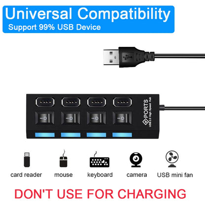 High-Speed 4/7 Ports USB Hub 2.0 Adapter - Multi USB Splitter with LED Lamp Switch for Effortless Connectivity on PC and Laptop