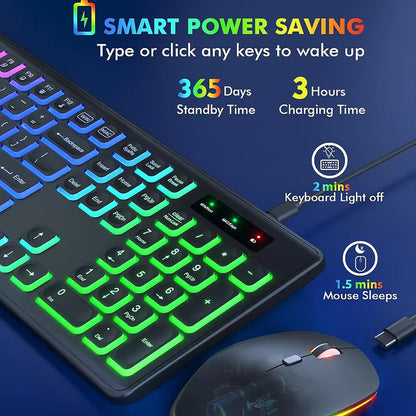 Experience Ultimate Comfort and Style with the 2.4G Wireless RGB Backlit Keyboard Mouse Combo - Ergonomic Full-Size Rechargeable Set