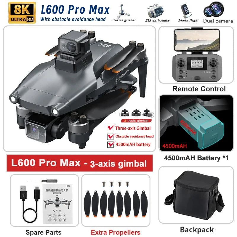 Experience Unmatched Aerial Adventure with the L600 PRO MAX/PRO GPS Drone - 5KM Range, Dual 4K HD Cameras, 3-Axis Gimbal, and 360° Obstacle Avoidance!