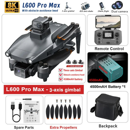Experience Unmatched Aerial Adventure with the L600 PRO MAX/PRO GPS Drone - 5KM Range, Dual 4K HD Cameras, 3-Axis Gimbal, and 360° Obstacle Avoidance!